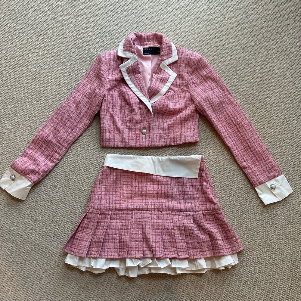 Chic Pink Plaid Blazer and Skirt Set